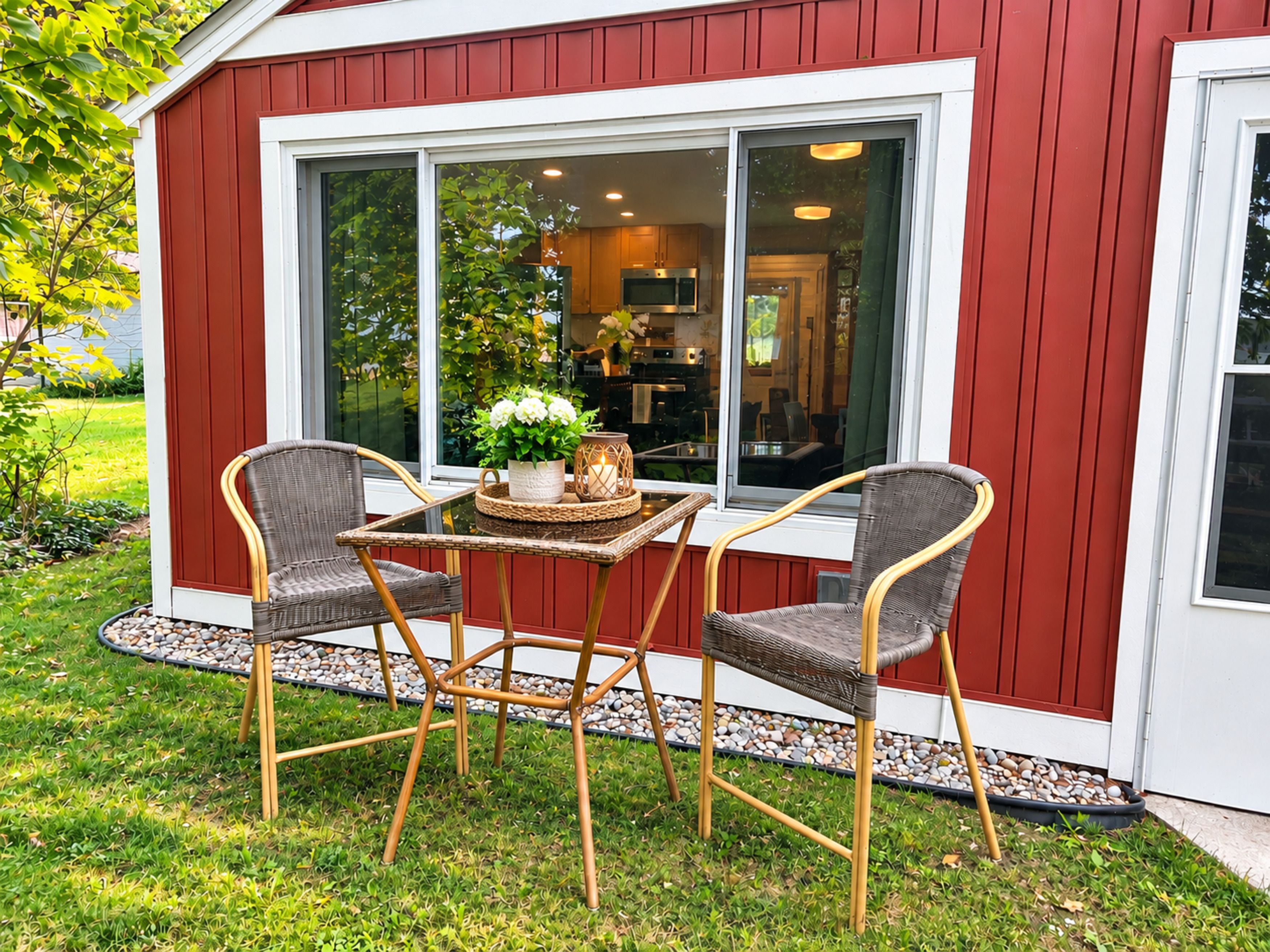 A red building with a glass door and windows, a small outdoor seating area with wicker chairs and a table, and a garden with pebbles and grass.