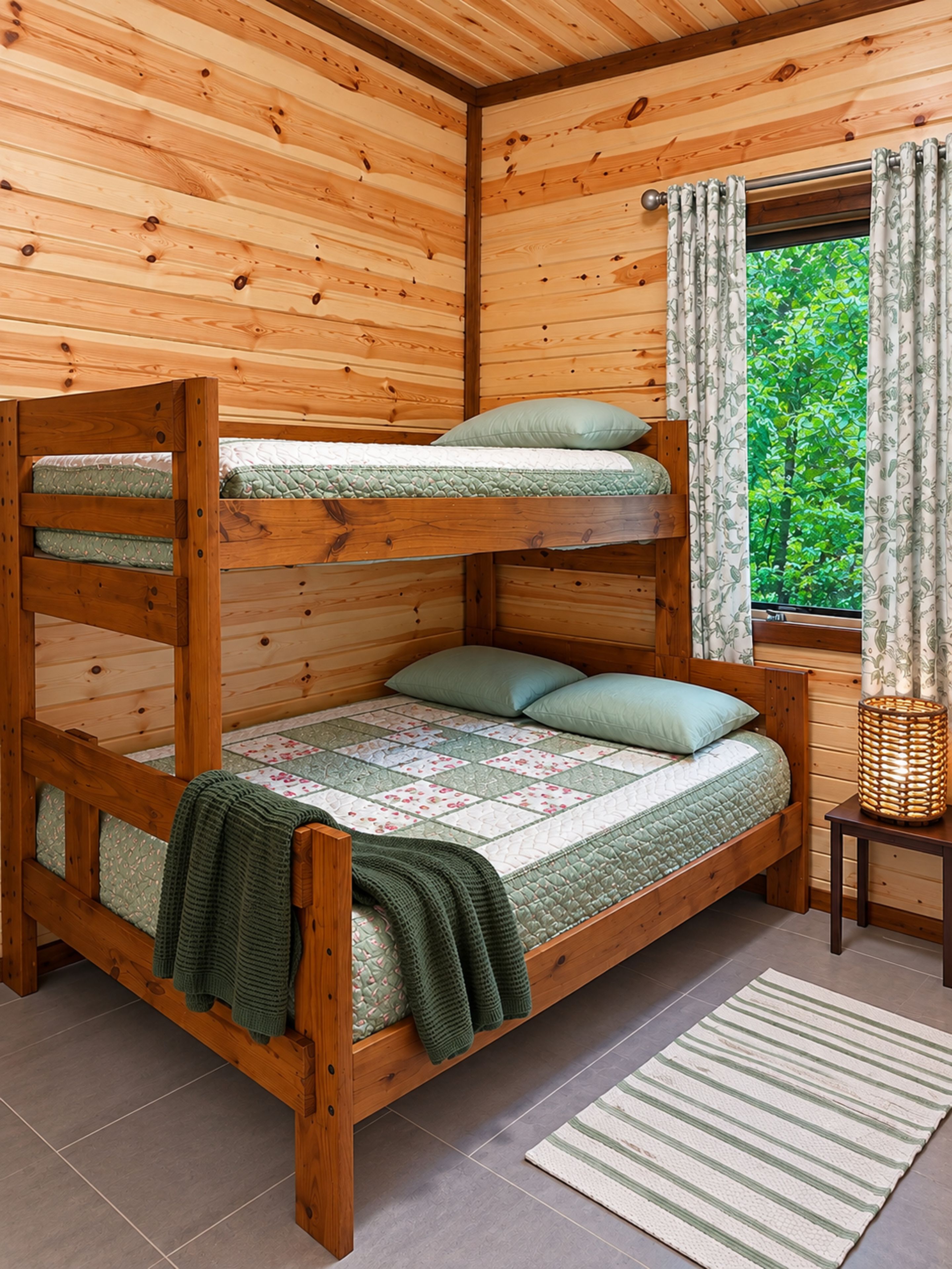 Una cama litera con colcha, almohadas y una cesta tejida sobre un piso de madera.