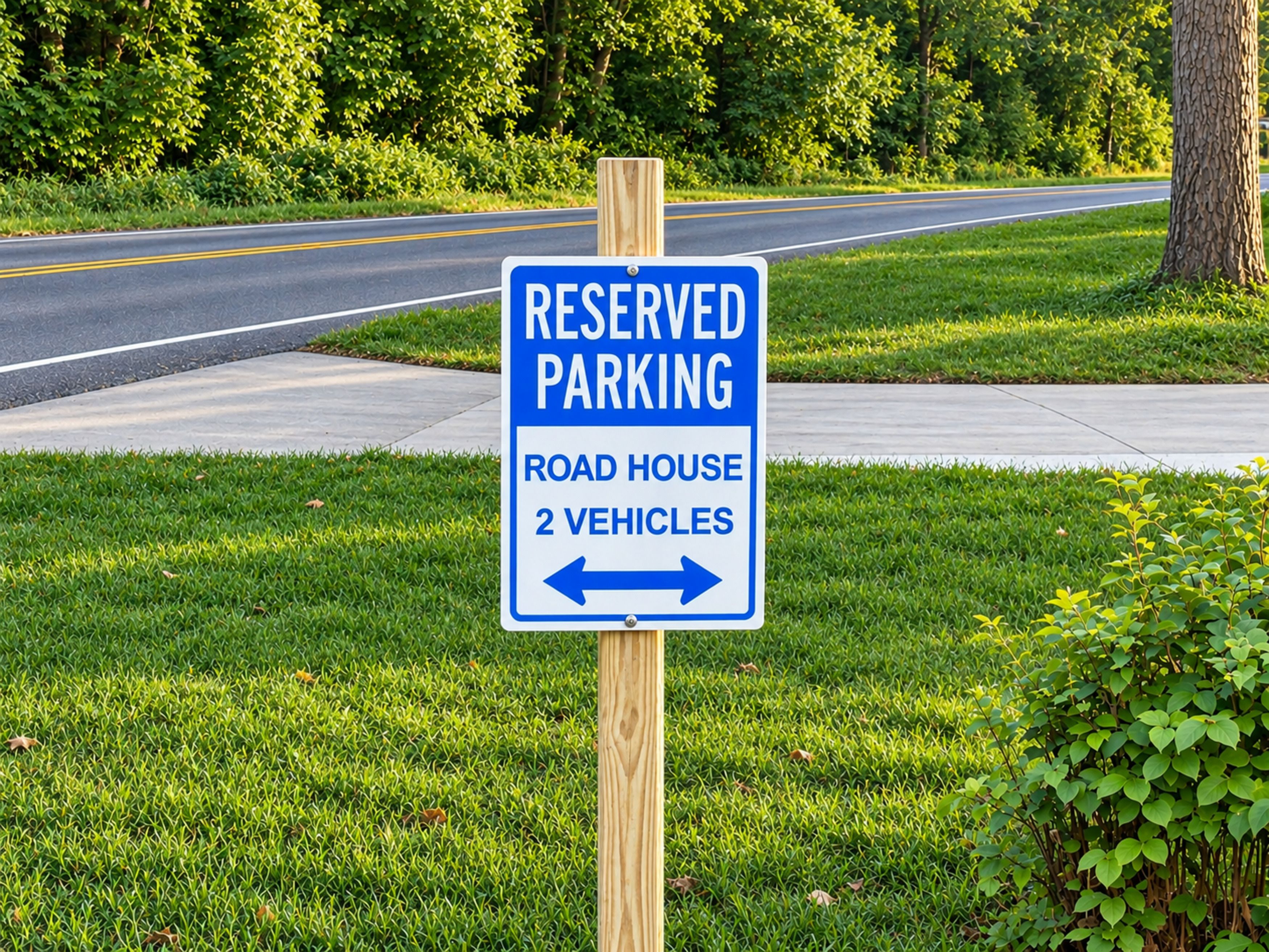 A reserved parking sign for a road house with a capacity for 2 vehicles.