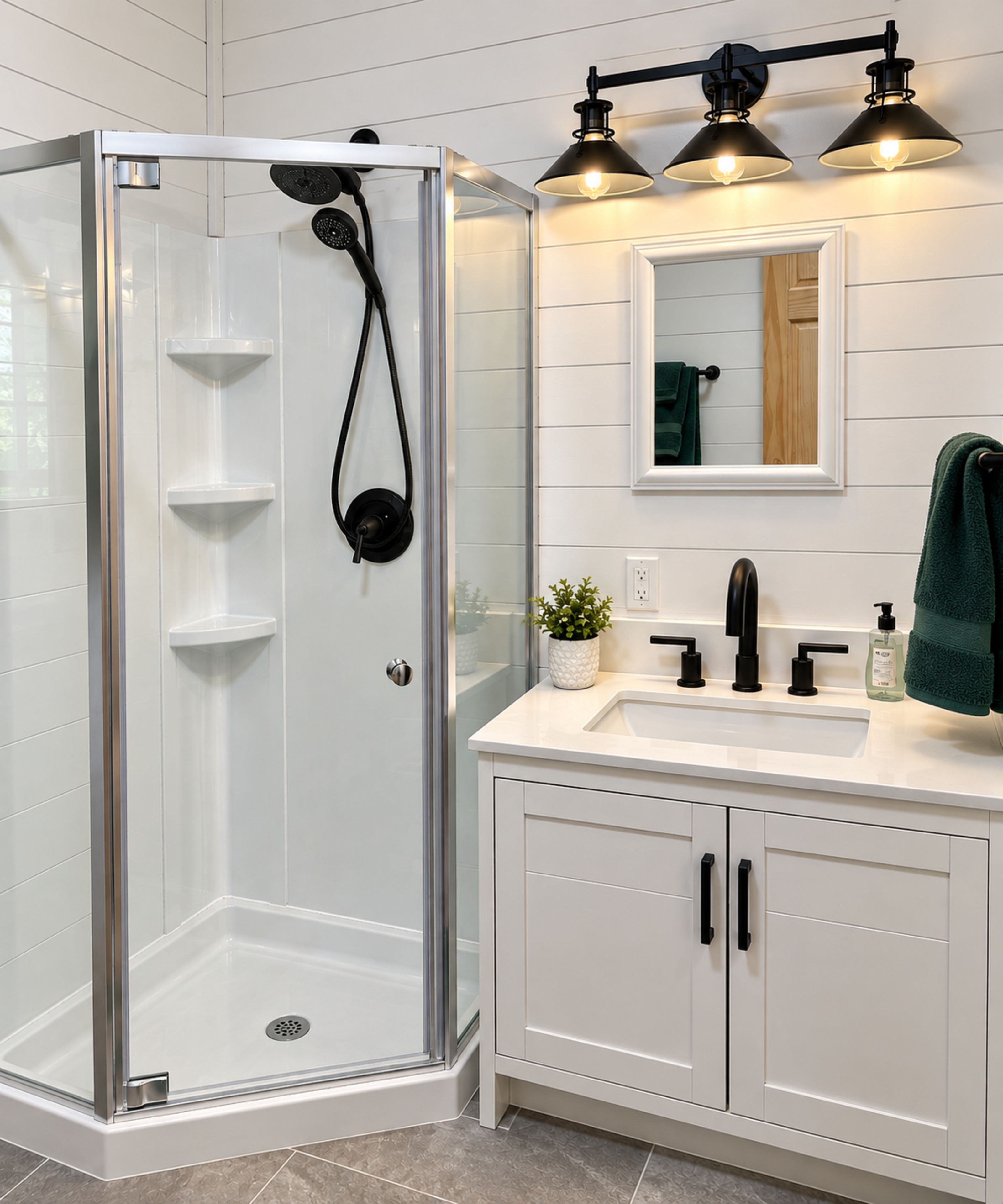 A modern bathroom with a glass-enclosed shower, a white vanity with a sink, and a mirror above.