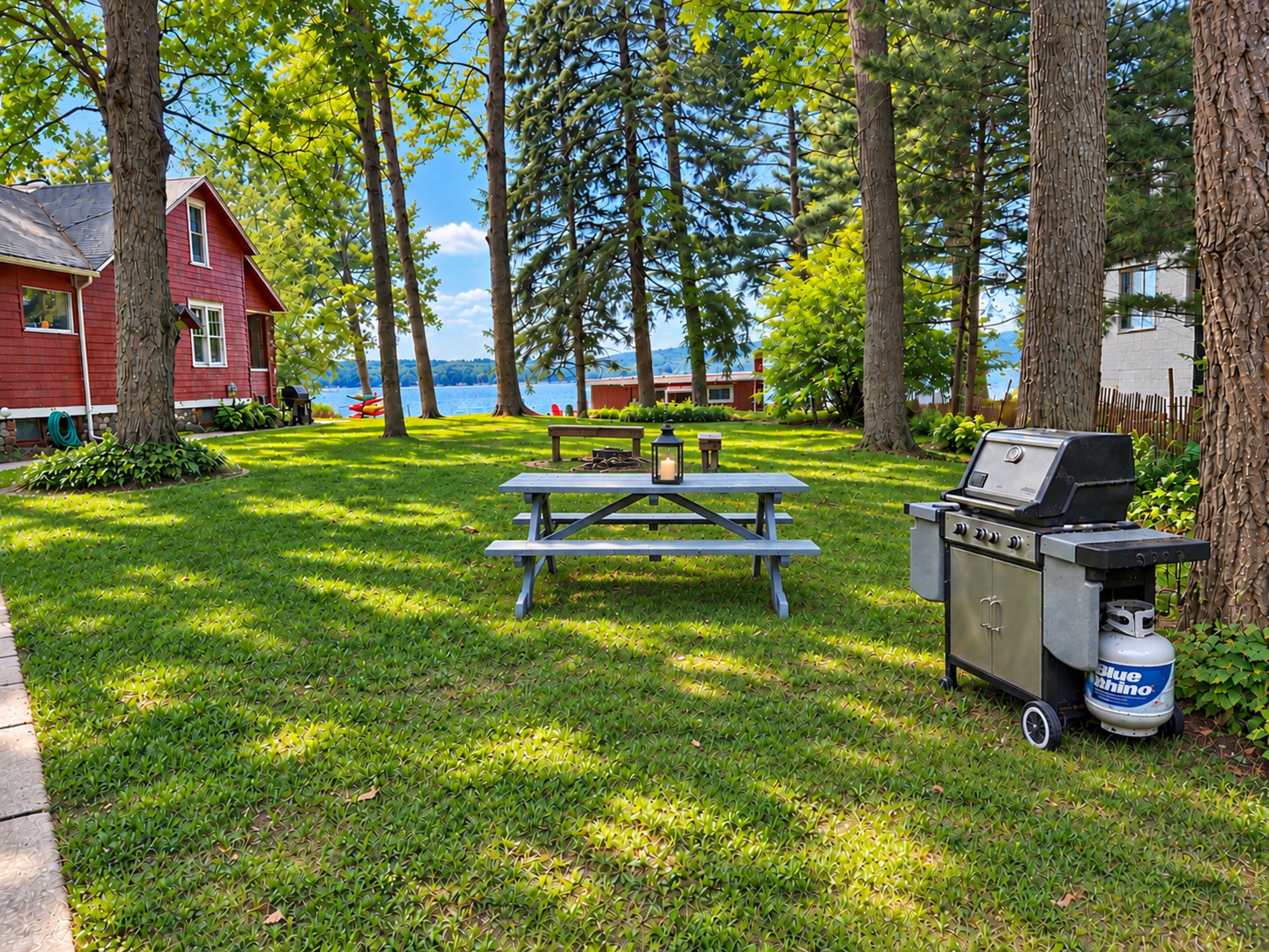 A picnic setup with a grill and propane tank, surrounded by trees and a view of a lake.