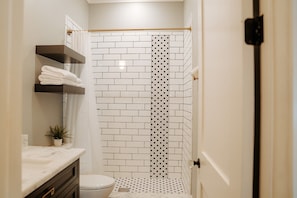 Hair dryer, towels, toilet paper