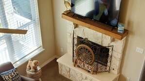 Un salon avec une cheminée, un téléviseur, deux canapés et un tapis à motifs.