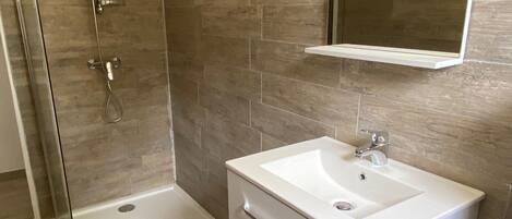 A modern bathroom with a glass shower enclosure, a white vanity with a sink, and a mirror above the vanity.