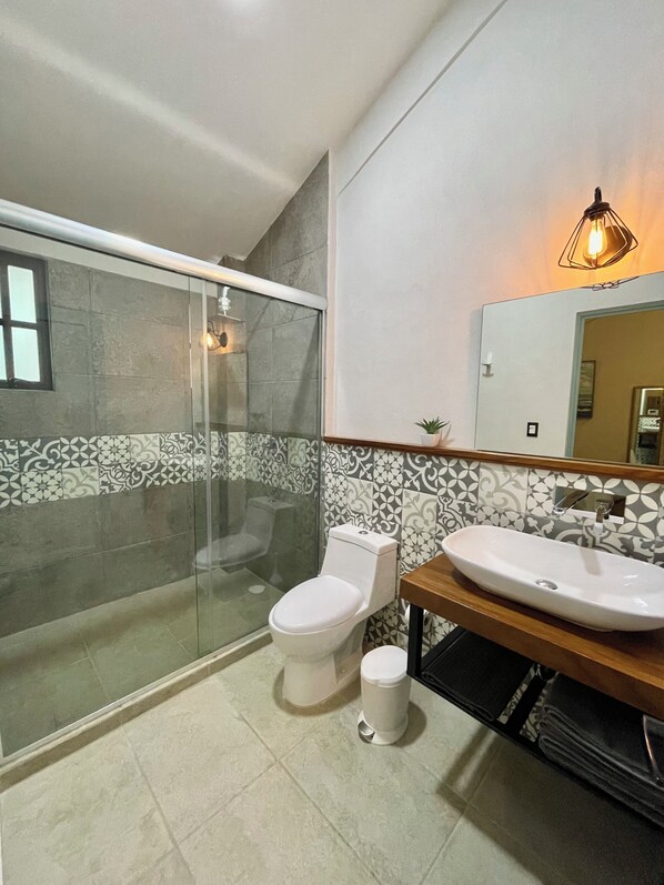 A bathroom with a glass-enclosed shower, a toilet, a sink, and a mirror.