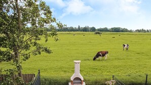 Plattelandsgezicht met een omheind veld, enkele koeien die grazen en een stenen gebouw op de voorgrond.