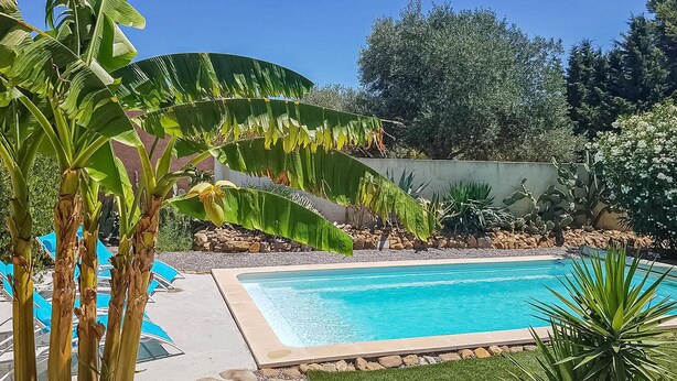 A swimming pool surrounded by tropical plants and a stone wall. - Stunning home in Salles d'Aude (Salles d'Aude)