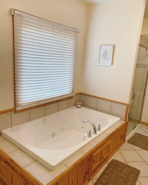 Combined shower/tub, jetted tub, hair dryer, towels