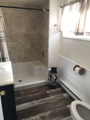 Duschwanne, Haartrockner, Handtücher, Toilettenpapier