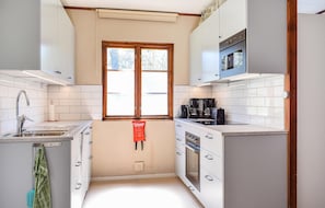Fridge, microwave, stovetop, coffee/tea maker