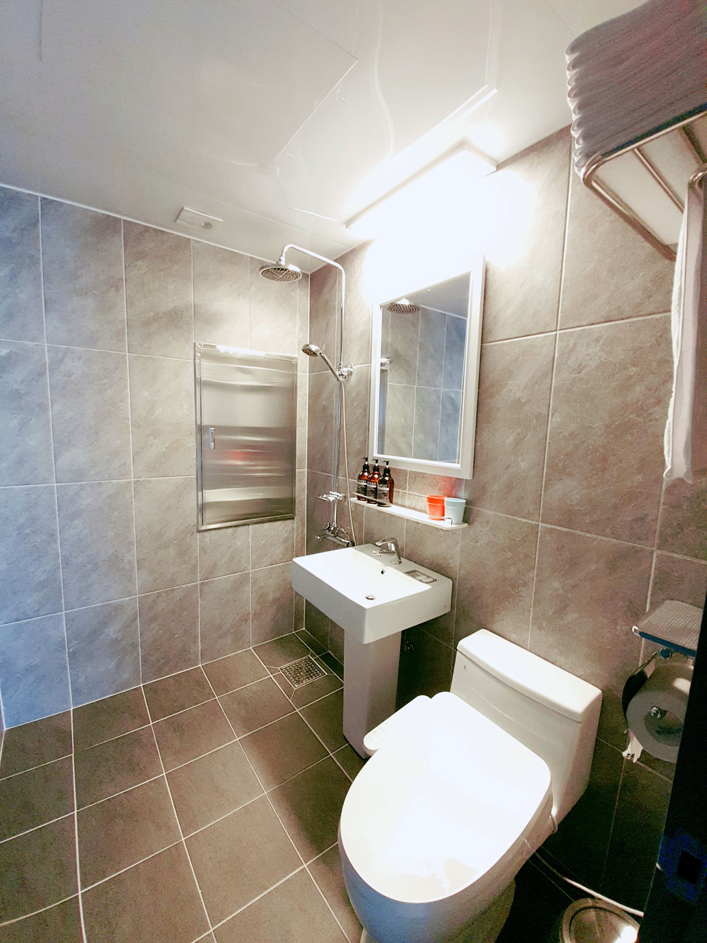 Un baño moderno con ducha, lavamanos e inodoro.