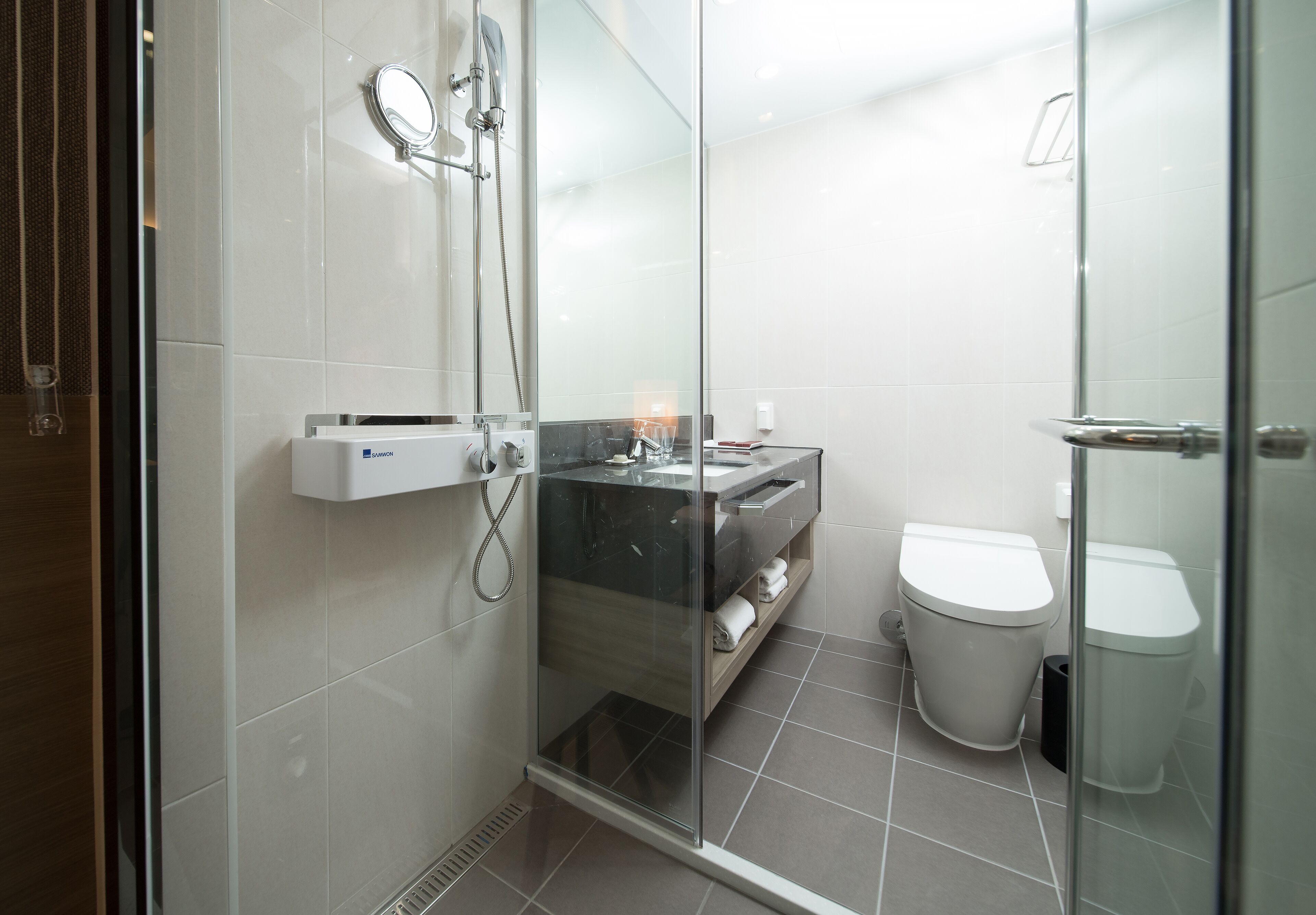 A modern bathroom with a glass shower enclosure, a toilet, and a vanity with a mirror.