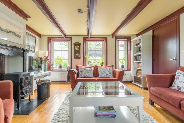 Smart TV, fireplace, books