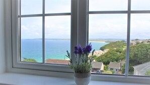 A window with a view of the sea and a small potted plant with purple flowers on a windowsill.