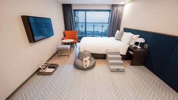 Habitación de hotel con cama, una silla, una mesita, una cama para mascotas y un televisor montado en la pared.