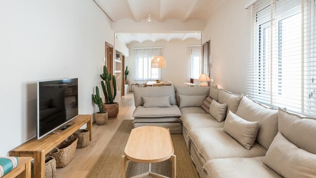 A modern living room with a sofa, TV, wooden table, and potted plants.
