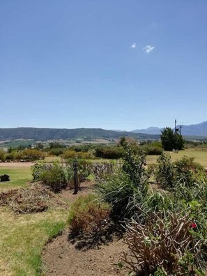 Paisaje rural con cielo despejado, montañas distantes y diversa vegetación.