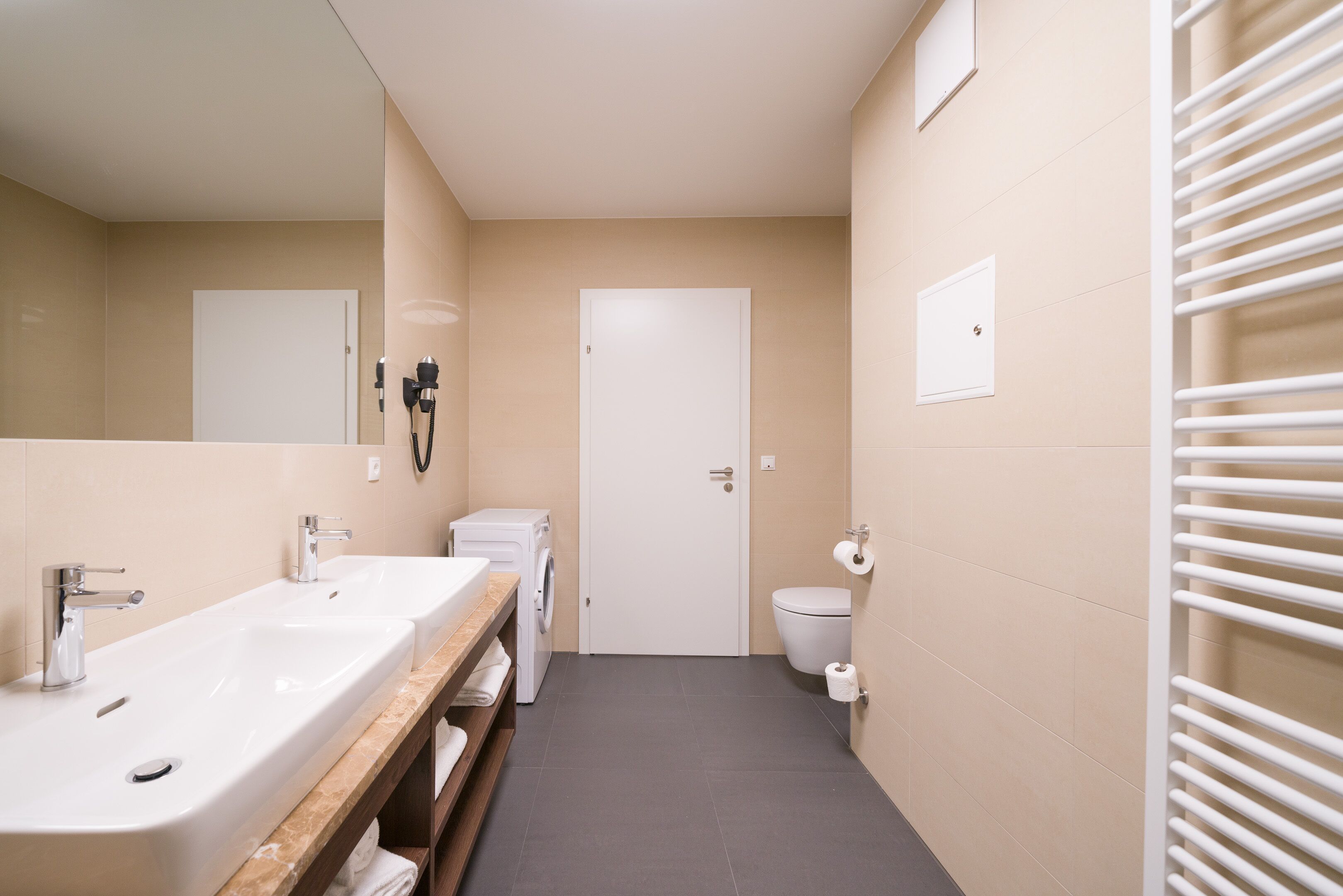 A modern bathroom with a large sink, a toilet, and a shower area.