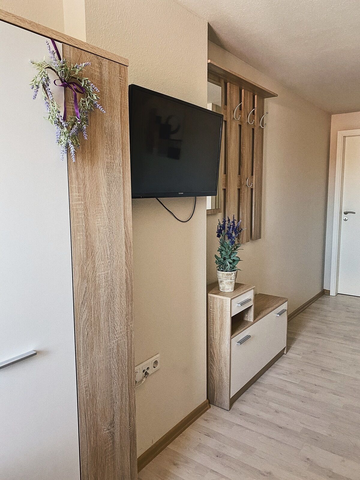 A modern living room with a flat-screen TV mounted on the wall, wooden furniture, and a small plant on the sideboard.