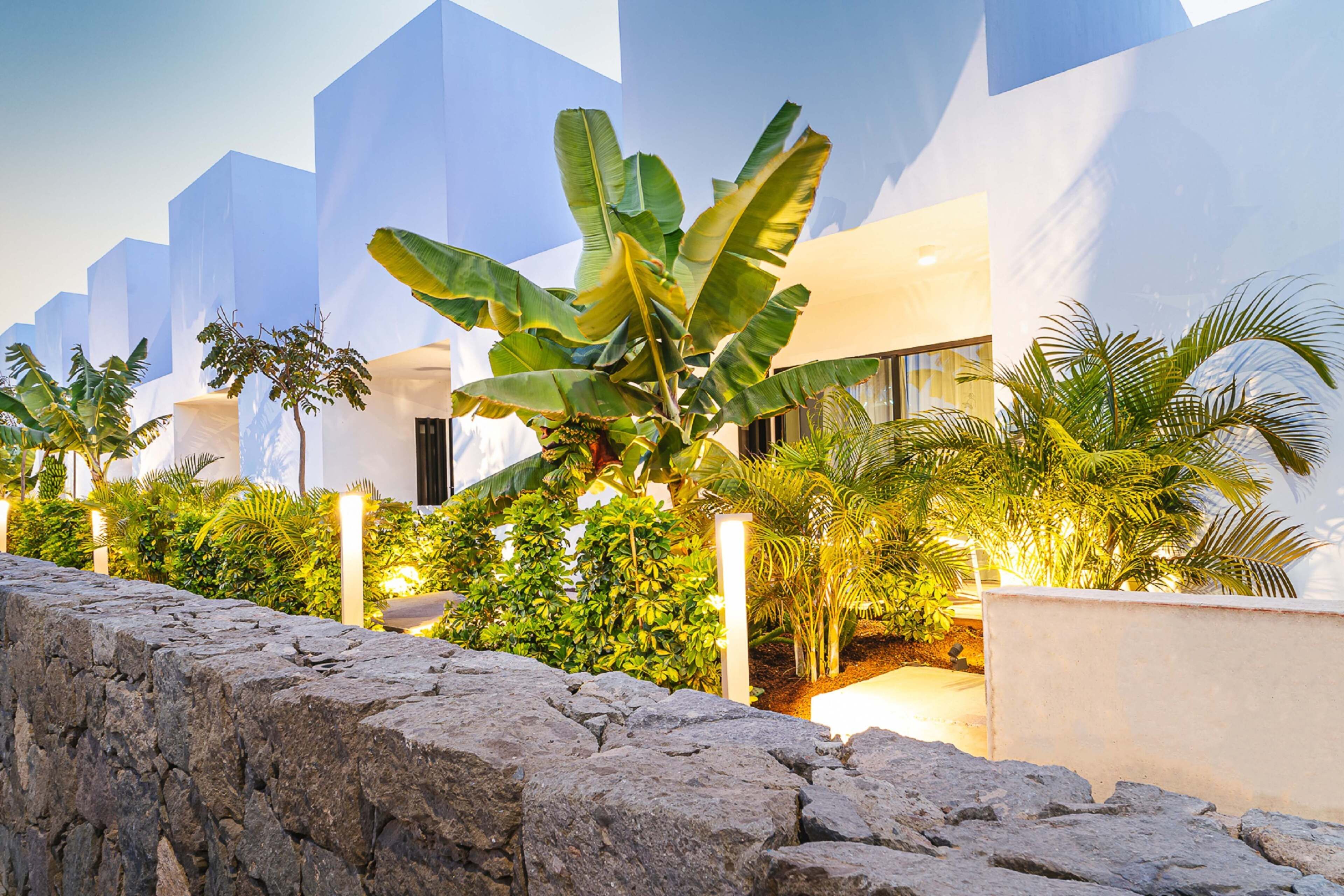 Un edificio moderno con arquitectura geométrica, rodeado de abundante vegetación y un muro de piedra.