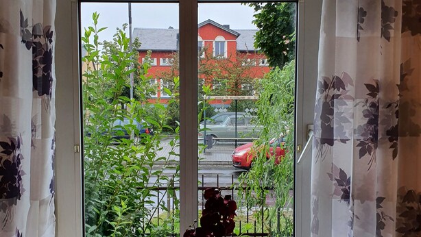 Ein Zimmer mit einem großen Fenster, einem Sessel und einem Blumentopf auf der Fensterbank.