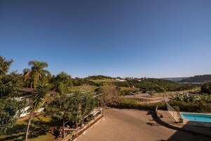 Vista de una zona residencial con camino pavimentado, piscina y abundante vegetación.