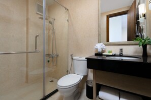 Shower, rainfall showerhead, hair dryer, slippers