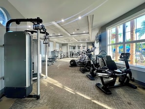 Et fitnesscenter med løbebånd, styrkemaskiner og et stort vindue med udsigt til palmer.