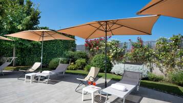 Seasonal outdoor pool, pool umbrellas, pool loungers