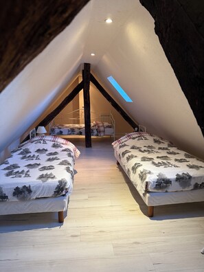 A bedroom with two beds, wooden beams, a sloped ceiling, and a skylight.