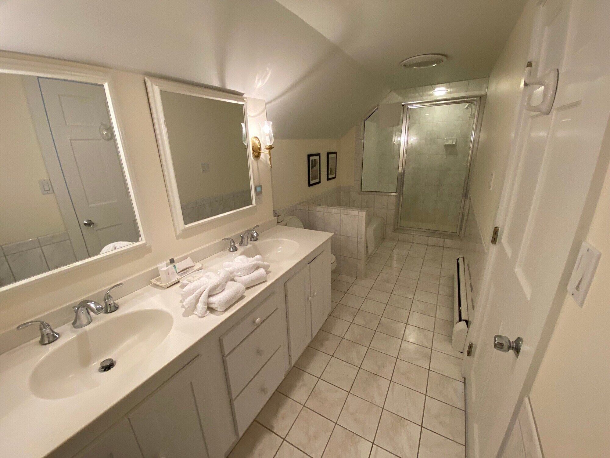 Shower, jetted tub, hair dryer, towels