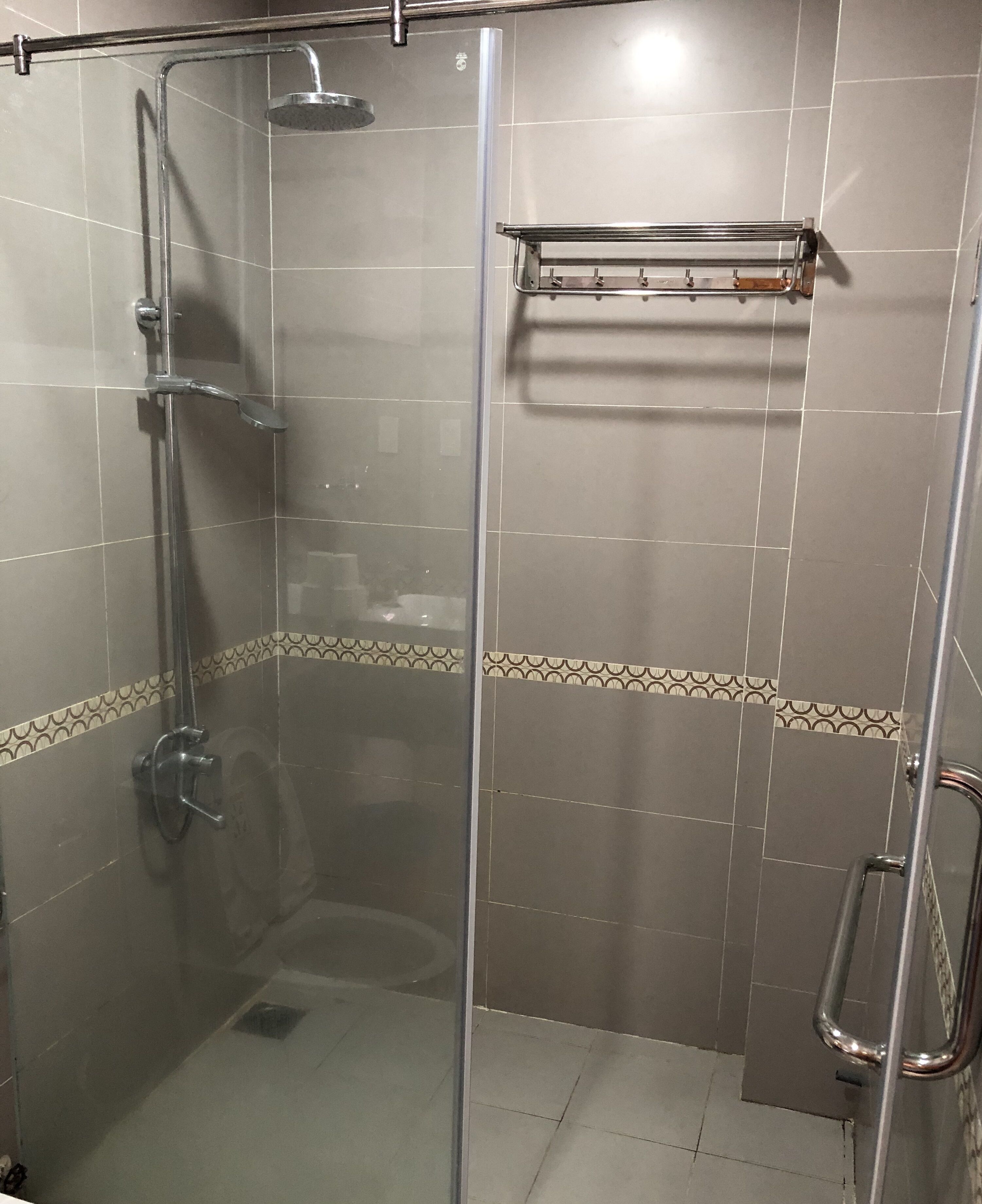 Un box de ducha con paredes de vidrio, un cabezal de ducha de mano y una puerta de vidrio.