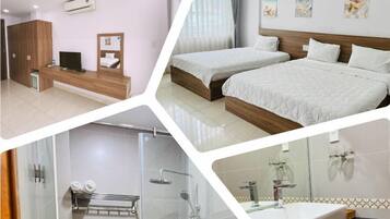 A hotel room with a bed, a bedside table, an air conditioning unit, a shower, and a bathroom with a sink and mirror.