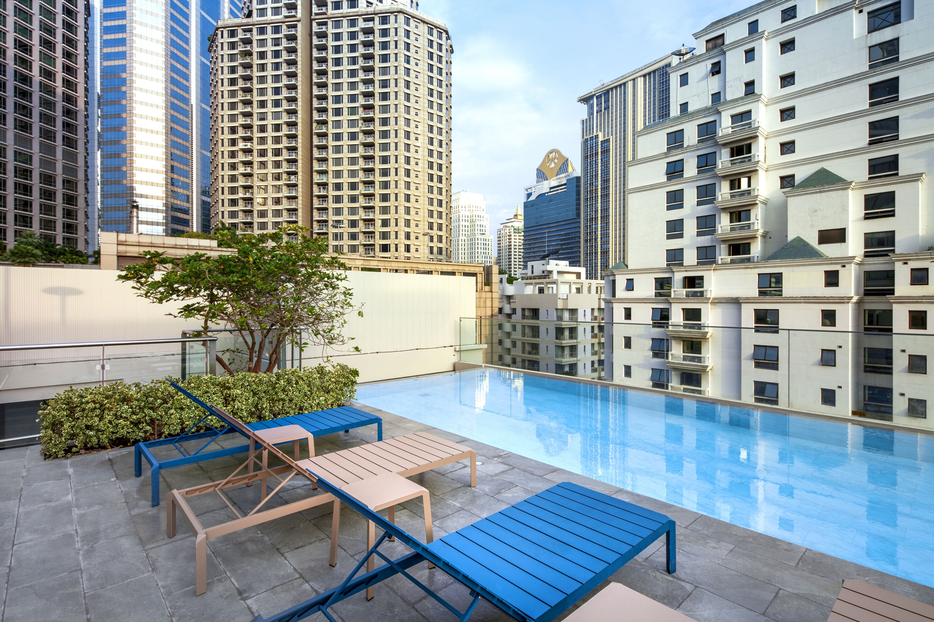 outdoor pool, pool loungers