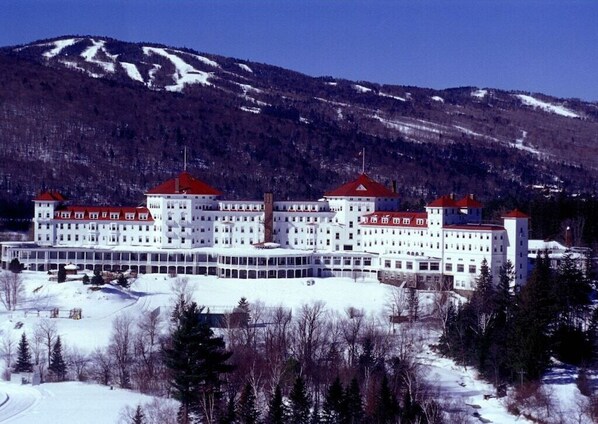 Stunning building with a symmetrical facade and central entrance, set amidst a serene forested landscape.
