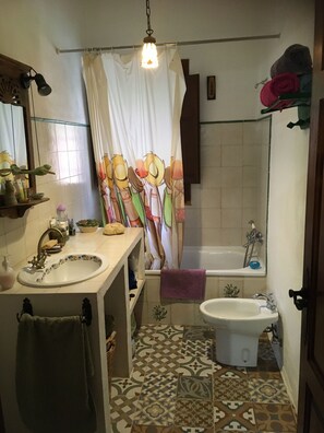 Secador de cabelo, toalhas de banho, sabonete, shampoo