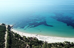 An aerial view of a beach with clear turquoise waters, a sandy shore, and dense greenery.