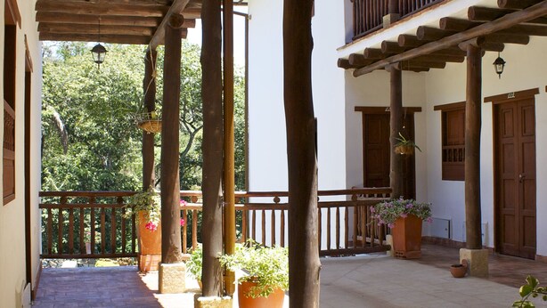A covered outdoor corridor with wooden beams, potted plants, and a brick floor. - La Buganvilla Barichara (Barichara)