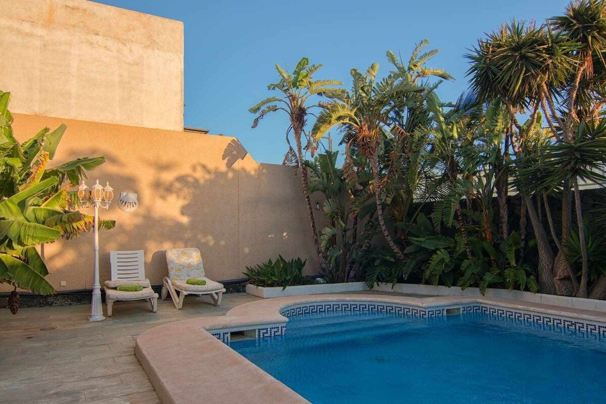 A swimming pool with a geometric tile pattern, surrounded by palm trees and a low wall.