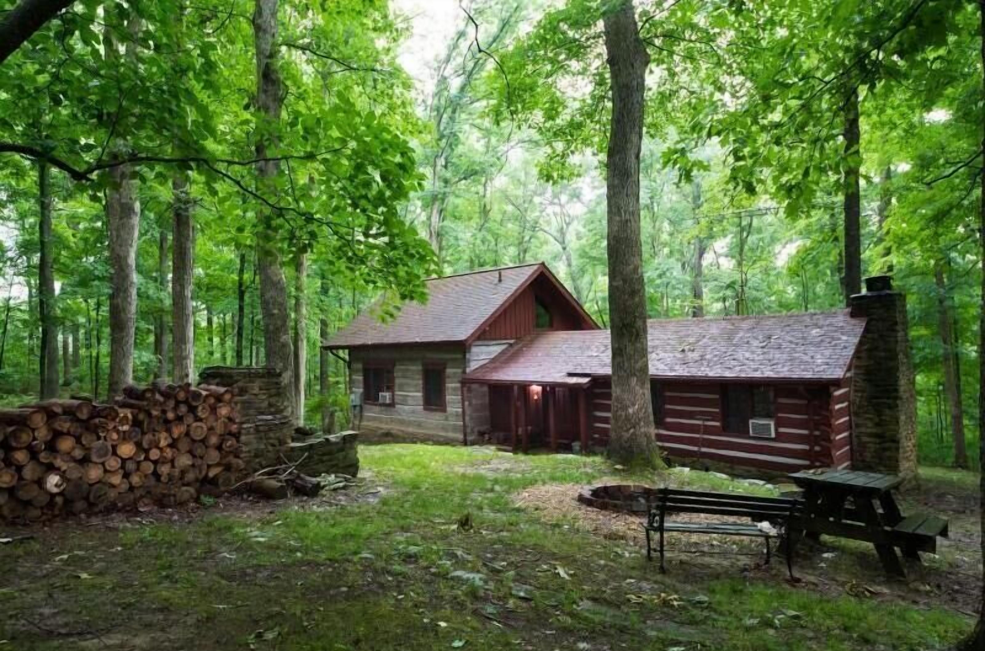 A rustic cabin with a stone foundation and wooden walls, surrounded by a dense forest.