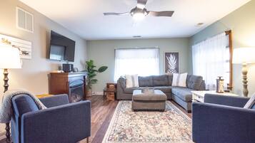 Télévision, cheminée, livres, chaßne hi-fi