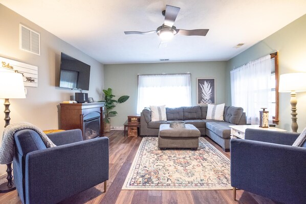 TV, fireplace, books, stereo