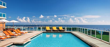 Outdoor pool, open 10:00 AM to 6:00 PM, pool umbrellas, sun loungers