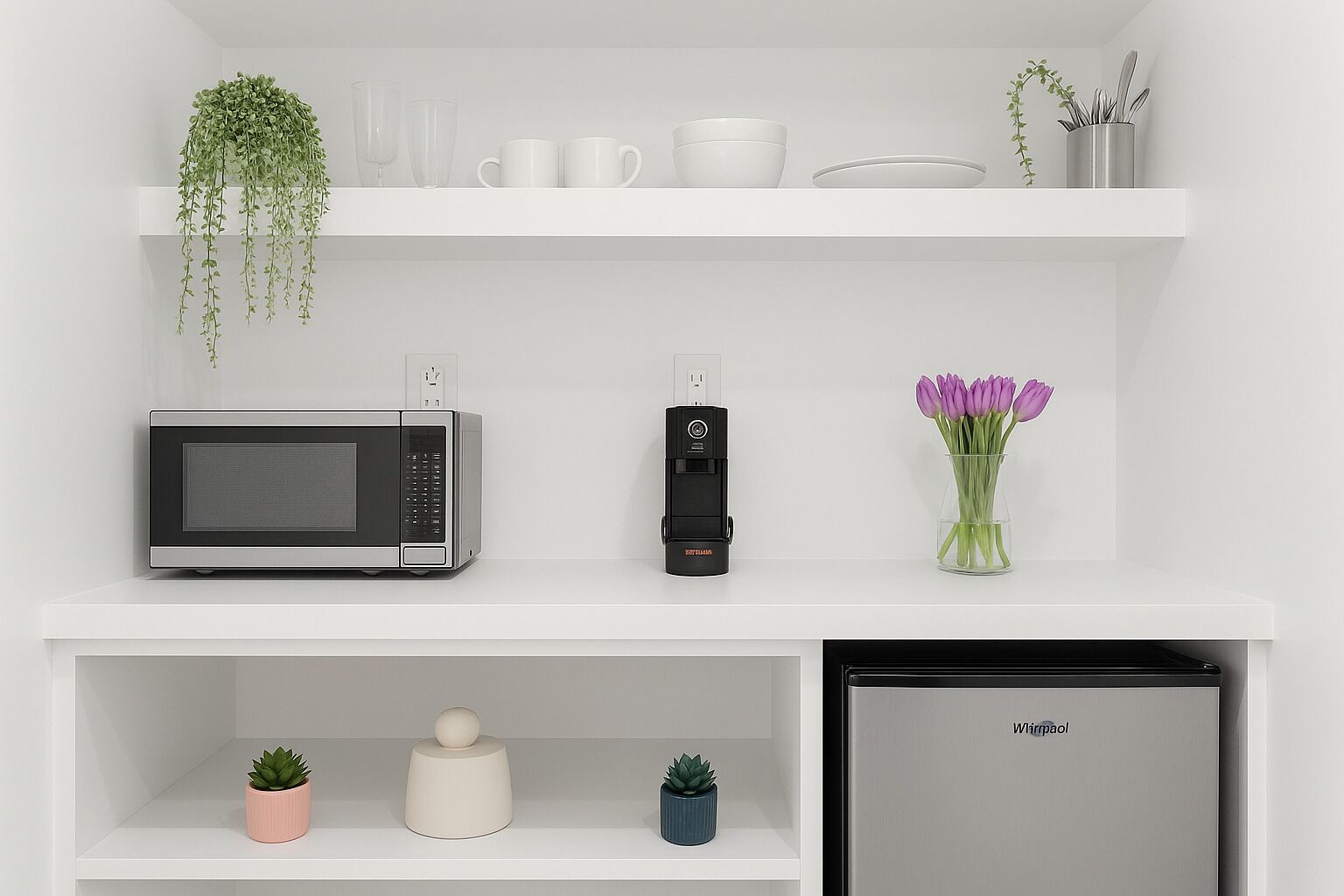 fridge, microwave, coffee/tea maker