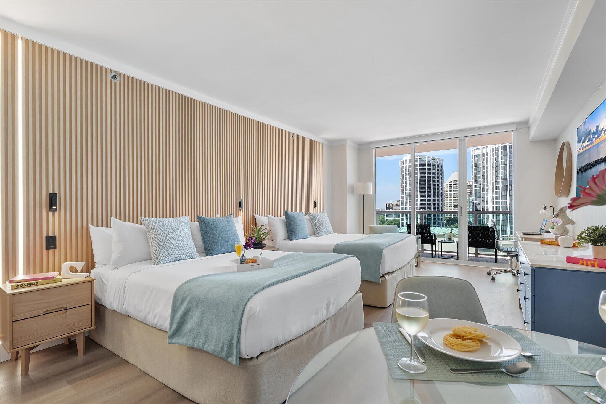 Deluxe Studio, 2 Queen Beds, Balcony, Partial Ocean View | Premium bedding, in-room safe, desk, laptop workspace