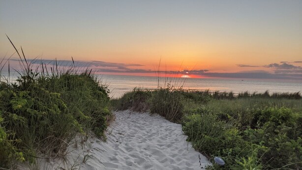A sandy path leading to a beach with a sunset in the background.
