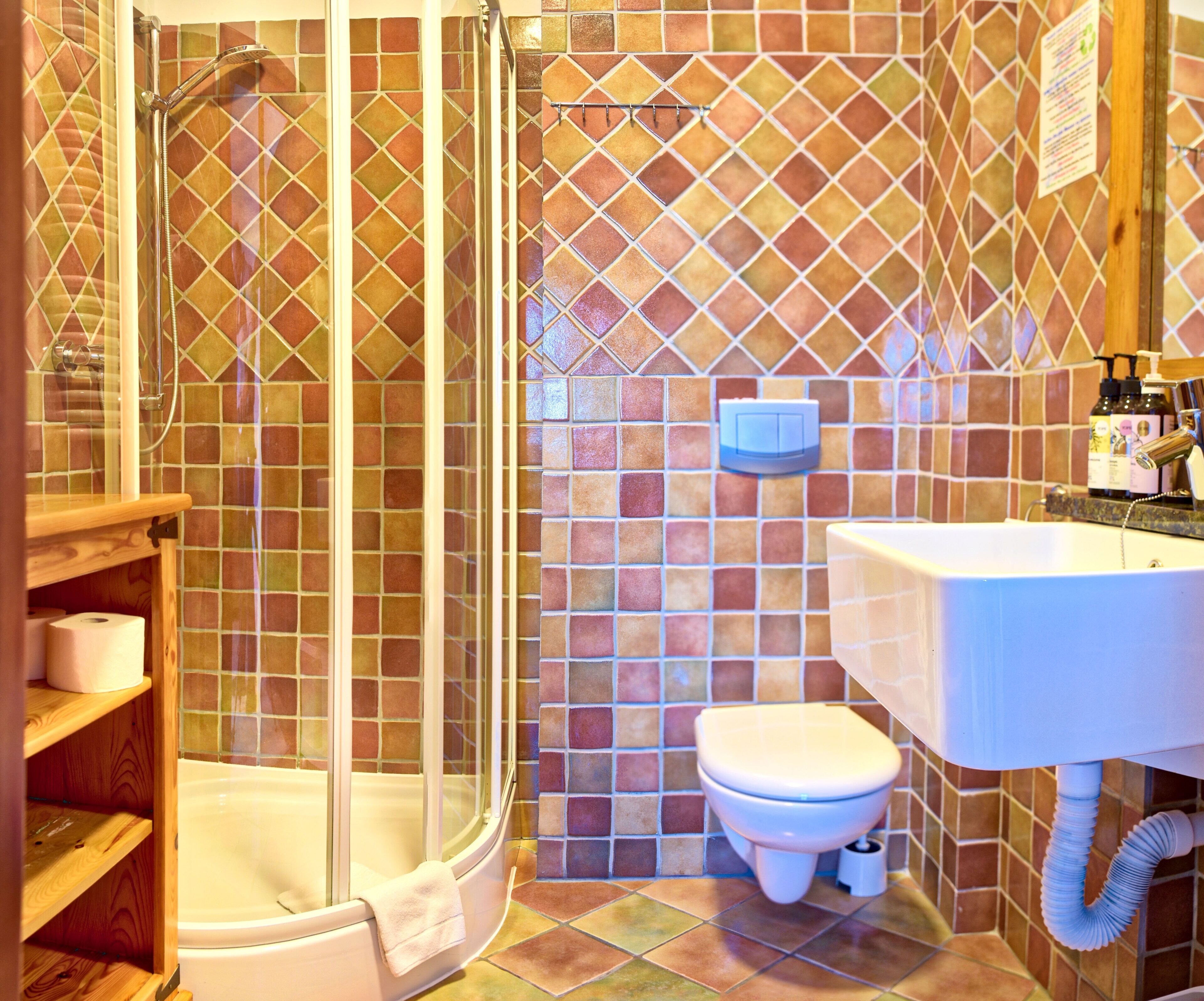 Une salle de bain avec douche, toilettes et lavabo.
