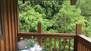 A wooden deck with a glass table set for two, surrounded by a woven chair and a potted plant with flowers. - Get away from the stress and strain of life at this romantic mountain cabin. (Ronan)