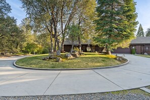 A residential driveway with a circular lawn, a wooden house, and a large tree.