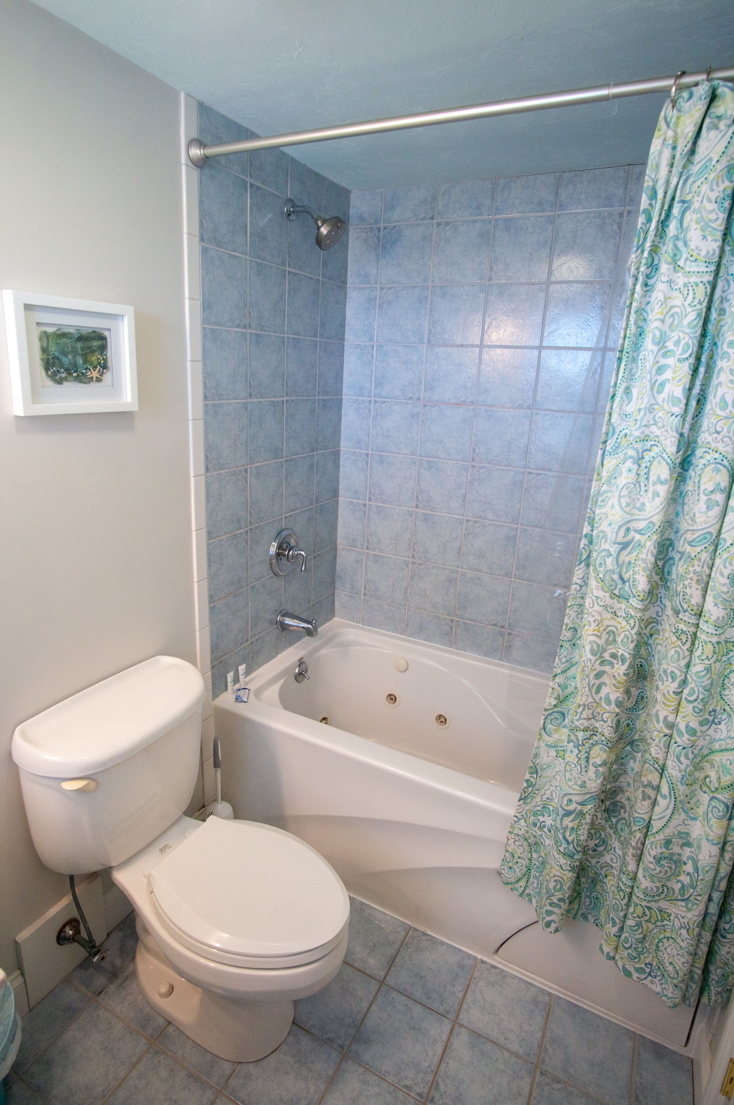 Et badeværelse med toilet, badekar og bruseforhæng.
